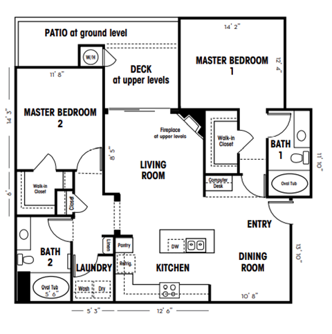 2 bed 2 bath floor plan Bat Canyon Crest, Riverside, CA